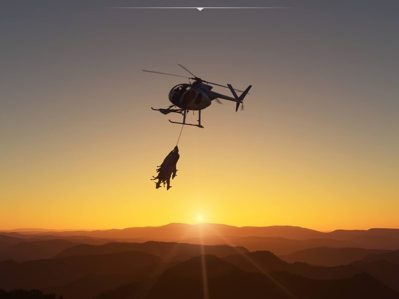 Helicopter at sunset carrying a deer, in Microsoft Flight Simulator