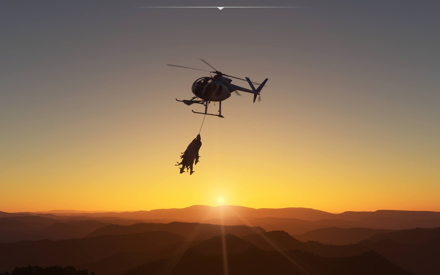 Helicopter at sunset carrying a deer in Microsoft Flight Simulator