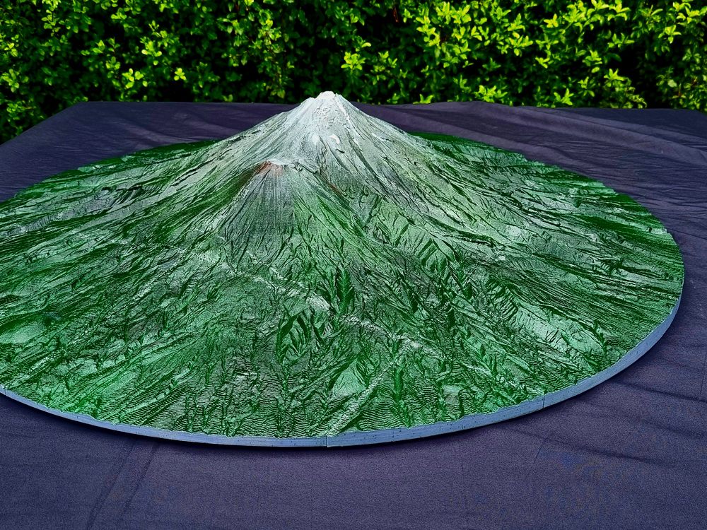3D printed terrain model of Mount Taranaki on a circular base
