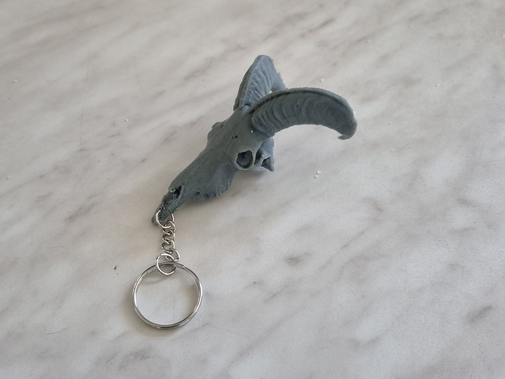 A miniature 3D printed skull and horns on a key ring